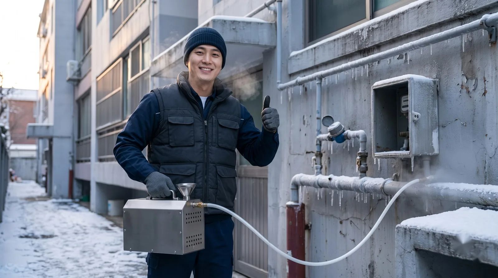 서울 동북권 수도 동파 해빙 작업복 기술자와 스팀해빙기